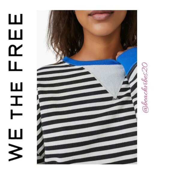 WE THE FREE BY FREE PEOPLE Classic Stiped Oversized Crewneck Black Combo S NWOT - Picture 6 of 10